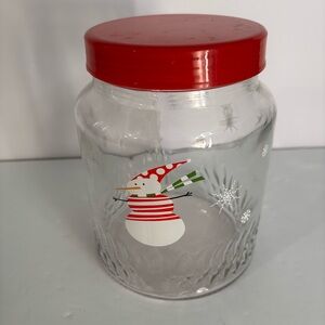 Holiday Snowman Glass Jar with Red Lid